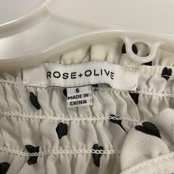 Rose + Olive Heart Print Blouse Long Sleeve Smocked Ivory/Black Size Small - Picture 8 of 8